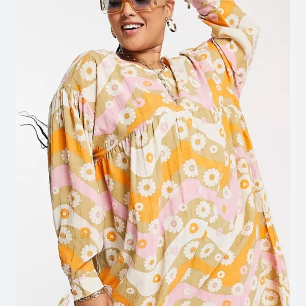 Native Youth Plus Smock Dress Retro Floral Vibes
